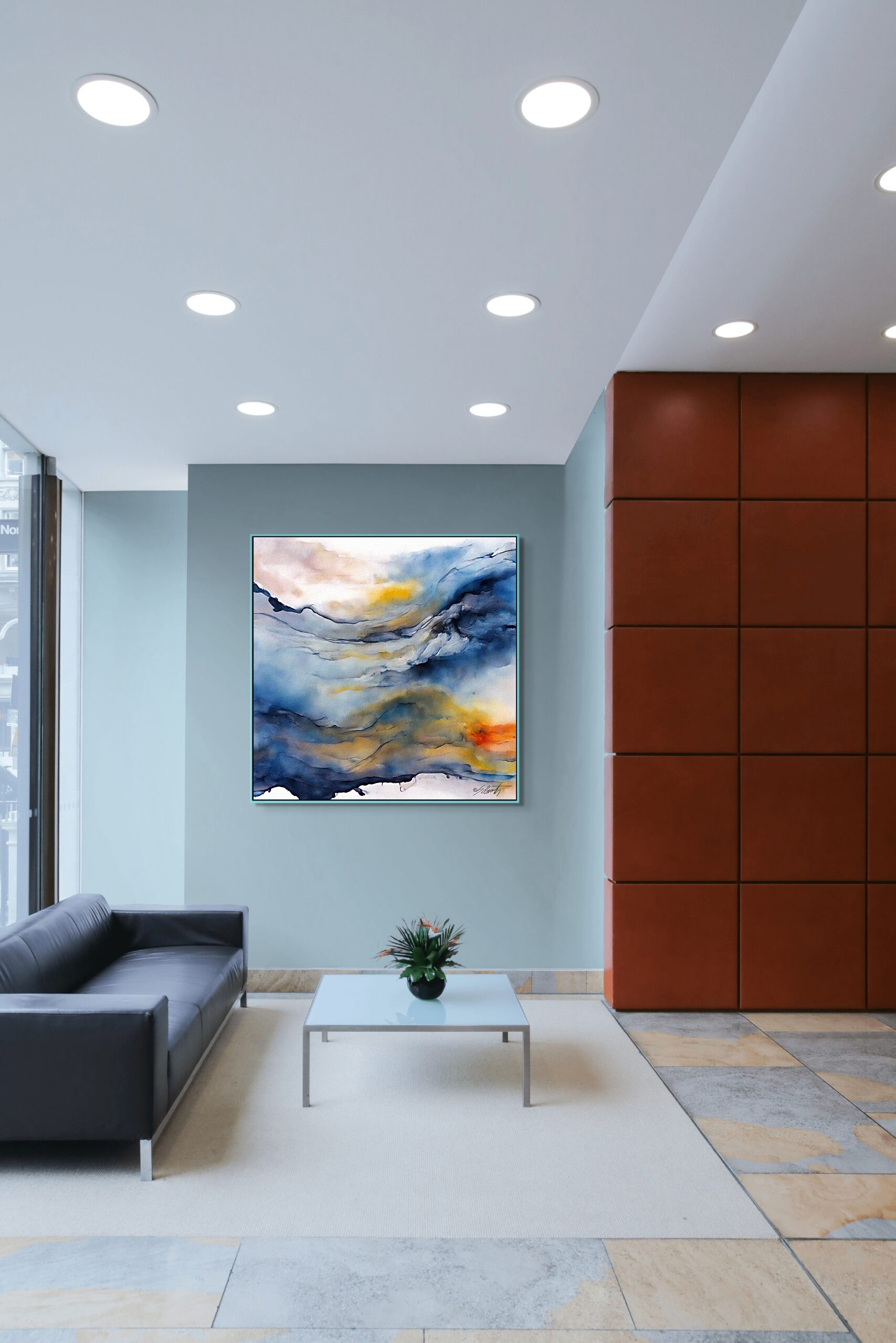 Mountain Range Watercolor 24x24 by Sam Schwartz room