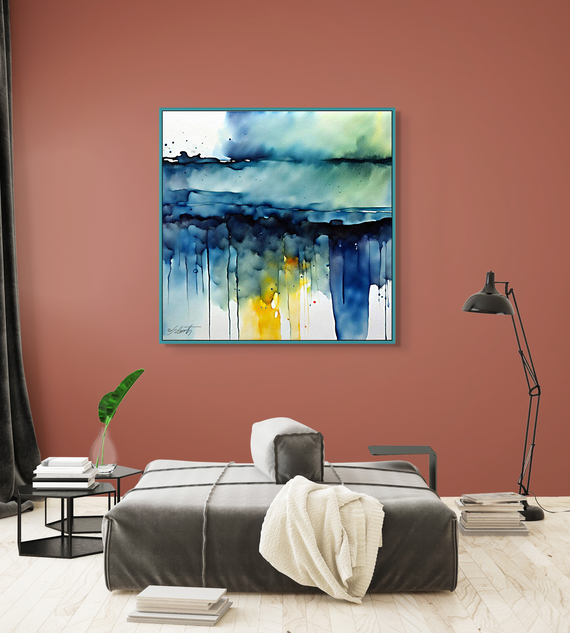 Rainbow Watercolor 24x24 by Sam Schwartz room